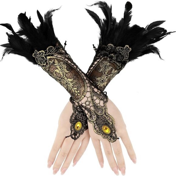 Black & Gold Gothic Lace Fingerless Gloves - Picture 9 of 9